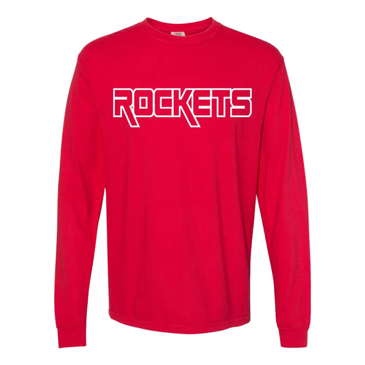 A long sleeve blue t-shirt with the word ROCKETS printed in red across the chest.