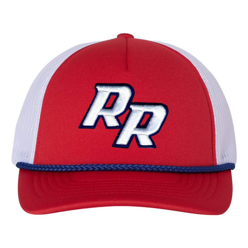 A red and white trucker cap with a 'RR' logo on the front, featuring a mesh back and an adjustable snapback closure.