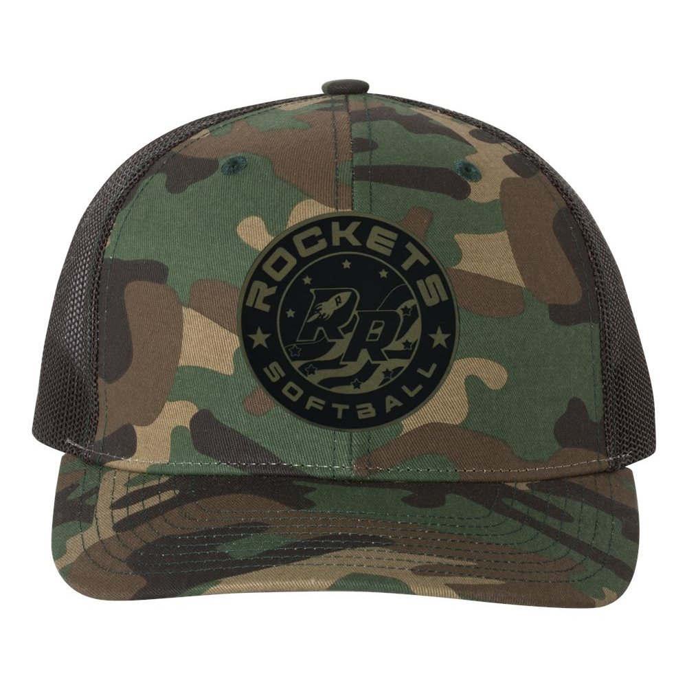 A green camouflage baseball cap with an adjustable snapback closure, featuring a logo on the front.